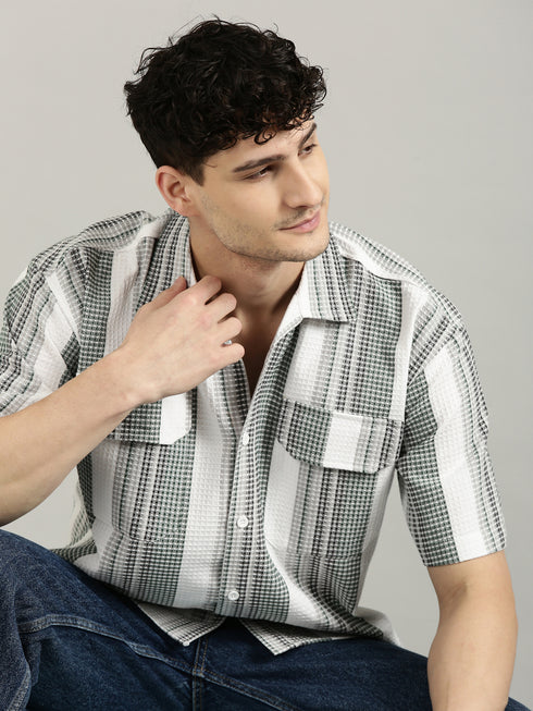 White&Green Striped Short Sleeved Oversized Shirt